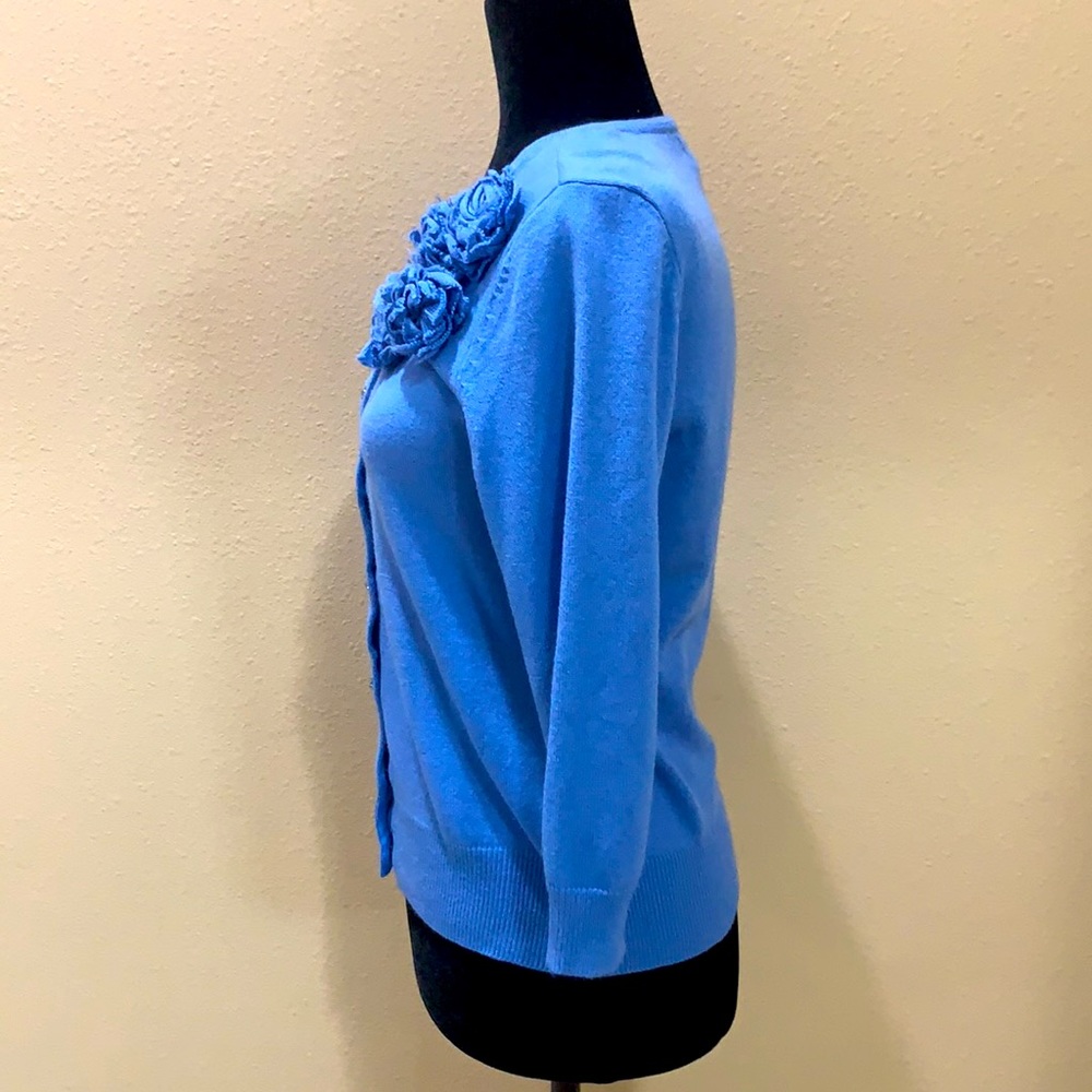 NY & Company 3/4 Sleeve light blue cardigan with flower appliqués on the left. - Picture 4 of 8